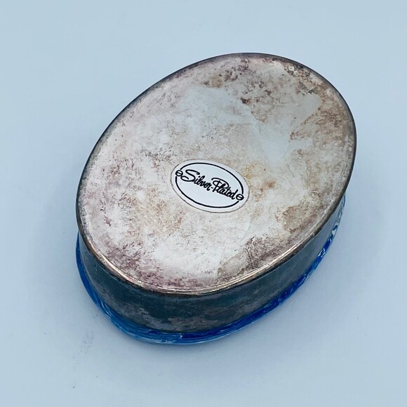 Vintage Oval Shaped Decorative Glass w/ Blue & Silver Accents Silver-Plated Base - Picture 6 of 11